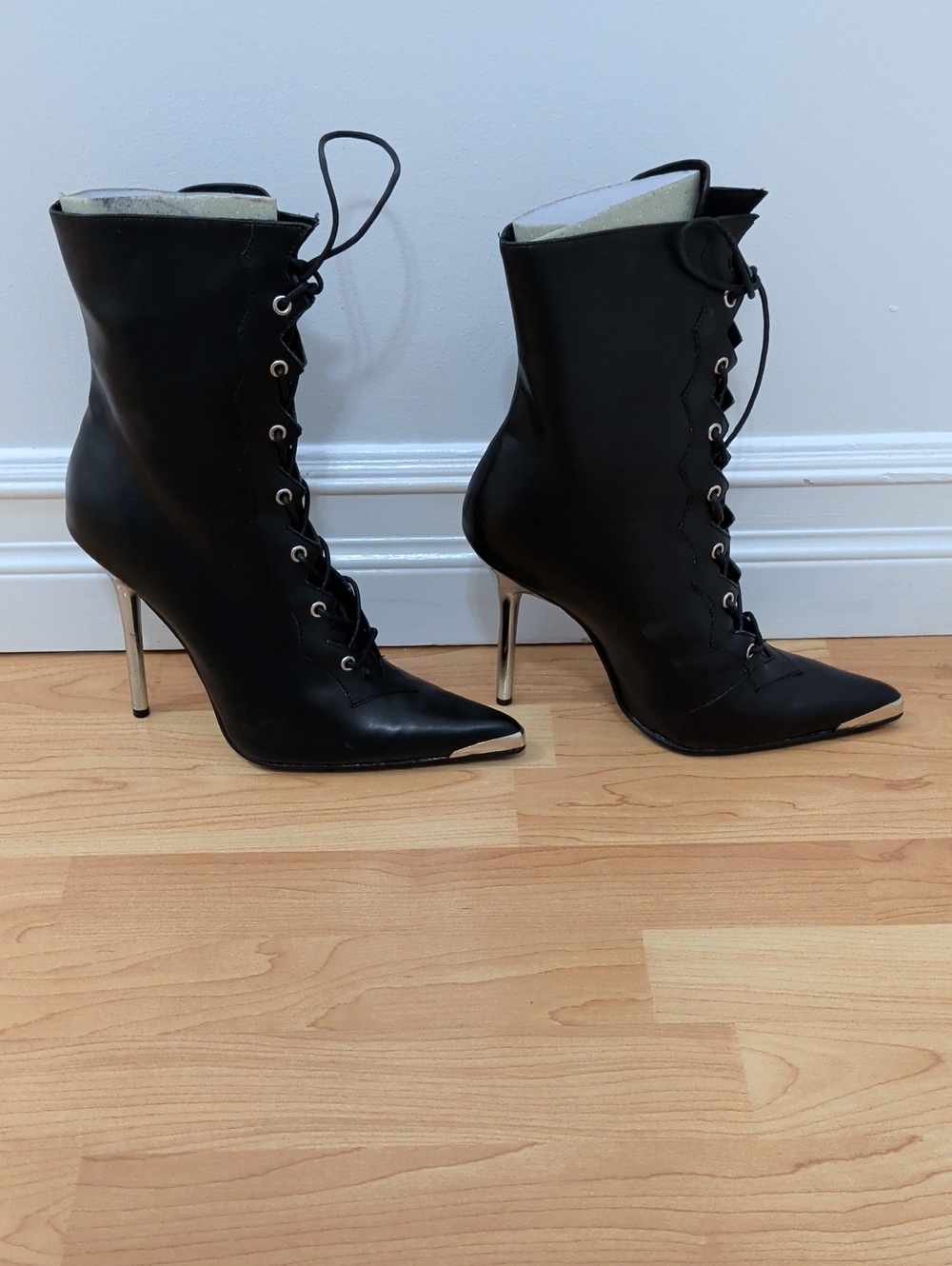 Pleaser Black Lace-Up Pointed Stiletto Ankle Boots with Silver Heel and Toe Cap